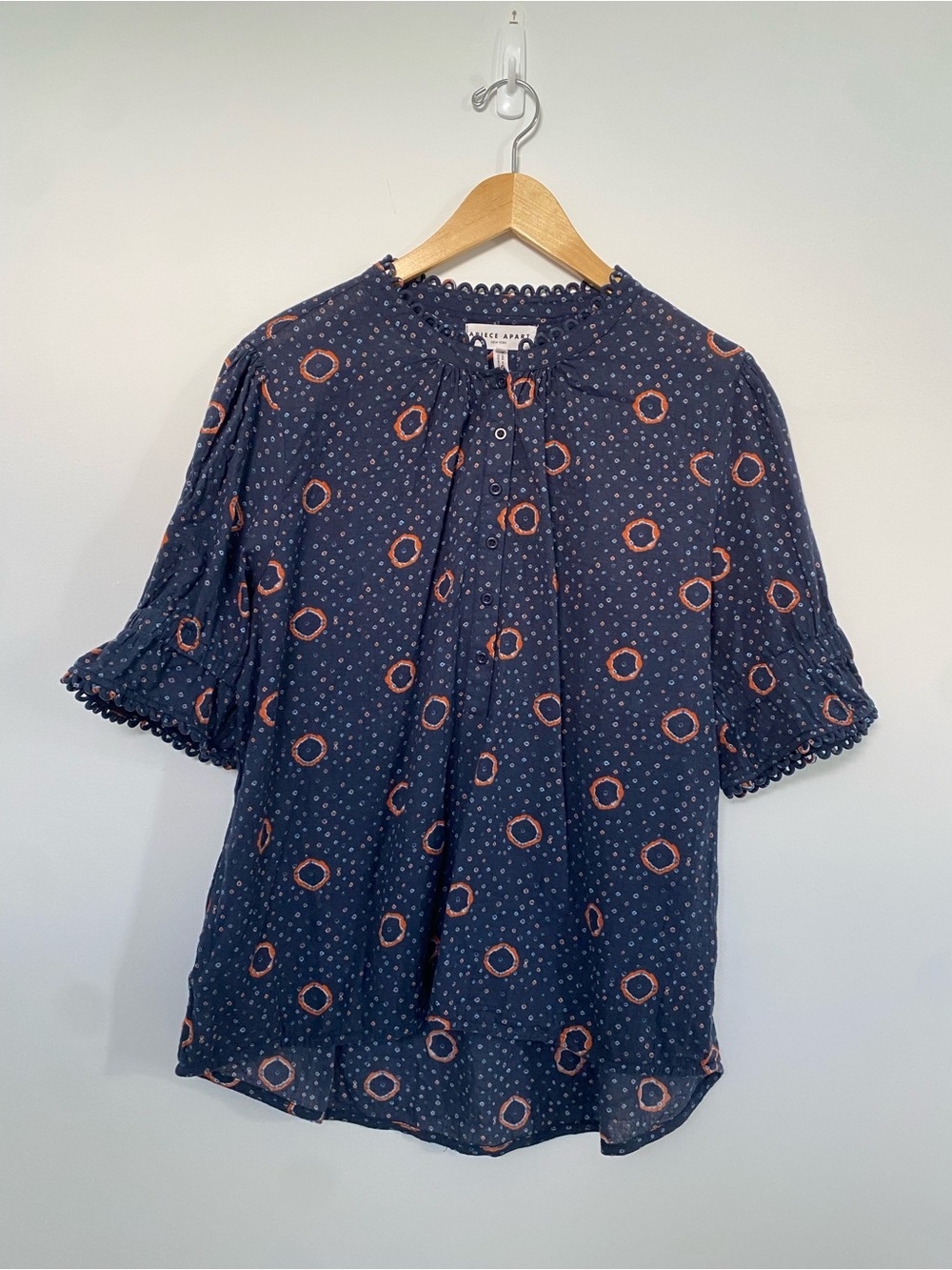 Apiece Apart Navy Blouse with Coral Ring Motif